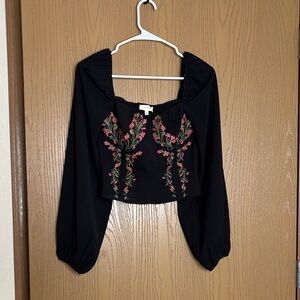 Promesa Black Blouse with Pink Embroidery